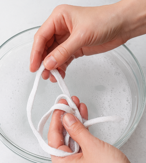 White shoelaces being worked by hand in a bowl of soapy water