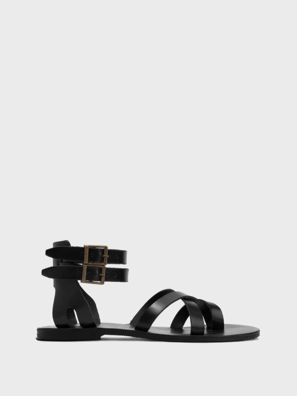 Siyah Parmak Arası Deri Kadın Sandalet 