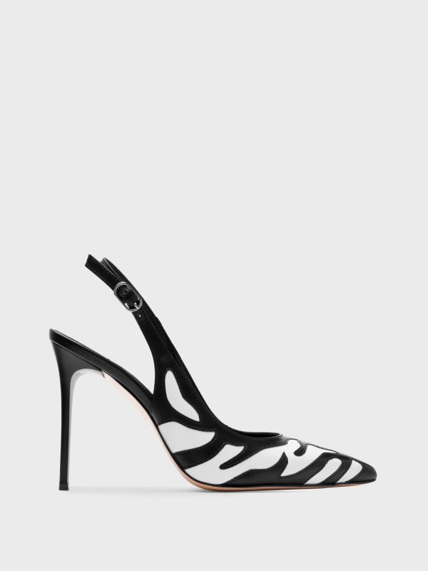 Siyah Beyaz Desenli Deri Topuklu Ayakkabı 